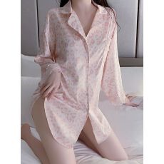 批发<b class='q'>睡裙</b>女春夏季雪纺薄款粉色豹纹印花衬衫裙长袖高级感<b class='q'>性感</b>蕾丝睡衣