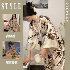 批发新款轻奢高级感睡袍长裤两件套仿<b class='q'>真丝</b>女<b class='q'>睡衣</b>春夏季和服家居服浴袍