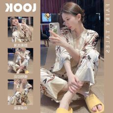批发新款轻奢高级感睡袍长裤两件套仿<b class='q'>真丝</b>女<b class='q'>睡衣</b>春夏季和服家居服浴袍