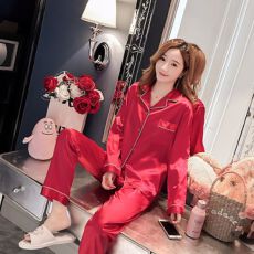 批发多色 M-5XL码 仿<b class='q'>真丝</b>长袖<b class='q'>睡衣</b>女春秋季纯色开衫翻领家居服<b class='q'>套装</b>