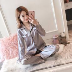 批发多色 M-5XL码 仿<b class='q'>真丝</b>长袖<b class='q'>睡衣</b>女春秋季纯色开衫翻领家居服<b class='q'>套装</b>