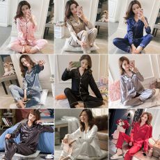 批发多色 M-5XL码 仿真丝<b class='q'>长袖</b>睡衣女春秋季纯色开衫翻领家居服套<b class='q'>装</b>