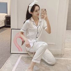 批发睡衣女春夏季短袖长<b class='q'>裤</b>冰丝纯色仿真丝家居服套<b class='q'>装</b>大码加肥开衫翻领