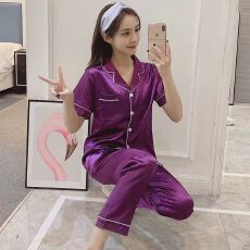 批发睡衣女春夏季短袖长裤冰丝纯色仿真丝家居服套装大码加肥开衫翻领