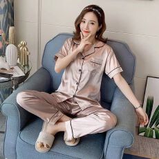 批发睡衣女春夏季短袖长裤冰丝纯色仿真丝家居服套装大码加肥开衫翻领