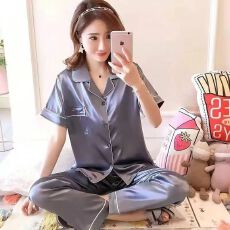 批发睡衣女春夏季短袖长裤冰丝纯色仿真丝家居服套装大码加肥开衫翻领