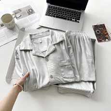 批发新款男士睡衣春秋季仿棉压花高级感开衫翻领长袖长裤家居服套装