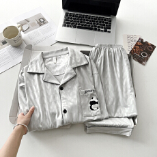 批发新款男士睡衣春秋季仿棉压花高级感开衫翻领长袖长裤家居服套装