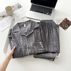 批发新款男士睡衣春秋季仿棉压花高级感开衫翻领长袖长裤家居服套装