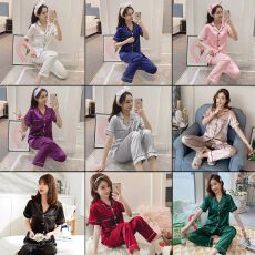 批发睡衣女春夏季短袖长裤冰丝纯色仿真丝家居服套装大码加肥开衫翻领