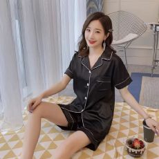批发10色7码纯色维秘仿真丝短袖短裤夏季少女睡衣家居服套装加肥加大