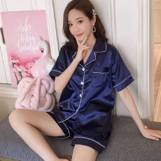 10色7码纯色维秘仿真丝短袖短裤夏季少女睡衣家居服套装加肥加大