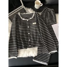 批发带胸垫睡衣女春秋季皱布长袖长裤蕾丝边爆款条纹家居服套装可外穿