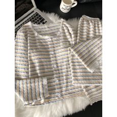 批发带胸垫睡衣女春秋季皱布长袖长裤蕾丝边爆款条纹家居服套装可外穿