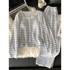 批发带胸垫睡衣女春秋季皱布长袖长裤蕾丝边爆款条纹家居服套装可外穿