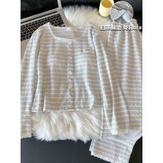 批发带胸垫睡衣女春秋季皱布长袖长裤蕾丝边爆款条纹家居服套装可外穿
