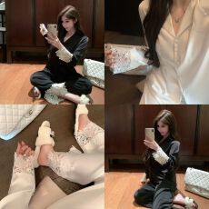 批发法式小香风高级感花边冰丝睡衣女春秋新款柔软舒适春夏家居服套