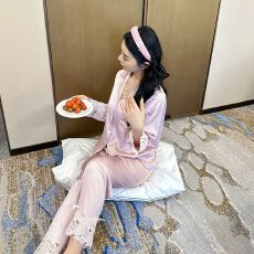 批发法式小香风高级感花边冰丝睡衣女春秋新款柔软舒适春夏家居服套