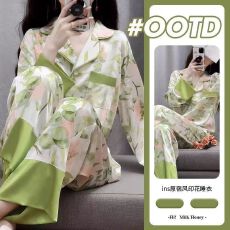 批发冰丝<b class='q'>睡衣</b>女新款长袖套装<b class='q'>丝绸</b>绿色花卉印花甜美少女家居服可外穿