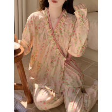 批发莫奈花园睡衣女春夏秋季云朵棉新款长袖国风高级感绑带家居服套装