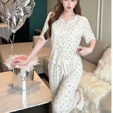 批发夏季新款睡衣女冰丝罗纹短袖长裤甜美卡通爆款跨境外贸家居服套装
