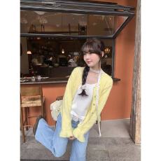 批发陆小团团镂空花边针织<b class='q'>开衫</b>甜美温柔文艺风简约百搭多巴胺毛针织衫