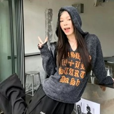 批发美式<b class='q'>街头</b>字母刺绣连帽毛衣女秋冬季新款慵懒宽松休闲针织衫上衣潮