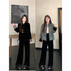 批发实拍大码2025秋冬新款国风新中式双面穿盘扣黑色<b class='q'>丝绒</b>上衣长裤<b class='q'>套装</b>