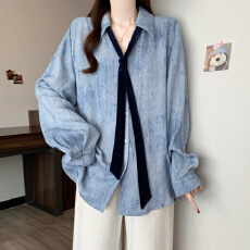 批发实拍～大码可拆卸丝绒绑带亲肤麻感水墨晕染秋季新款宽松正肩<b class='q'>衬衣</b>