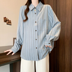 批发实拍大码女装复古绒感竖条纹翻领<b class='q'>衬衫</b>秋季胖mm宽松显瘦长袖上衣