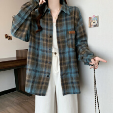 批发实拍大码美式复古格子长袖衬衫女秋季慵懒<b class='q'>街头</b>衬衣情侣薄外套
