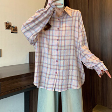批发实拍～大码粉色格子<b class='q'>衬衫</b>外套女2025新款韩系宽松长袖防晒衣上衣