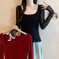 批发<b class='q'>大码</b>法式方领亮片长袖打底衫女秋冬季加绒内搭可外穿修身显瘦上衣