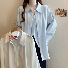 批发实拍<b class='q'>大码</b><b class='q'>女装</b>2026春夏季纯色清纯休闲<b class='q'>韩版</b>衬衫衬衣假两件上衣