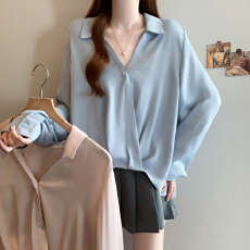 批发<b class='q'>实拍</b><b class='q'>大码</b><b class='q'>女装</b>哑光缎面V字翻领衬衫春季新款微胖mm显瘦百搭上衣