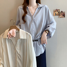 批发实拍大码女装微胖mm韩版白衬衫拼接腰带设计收腰v领薄款衬衣春