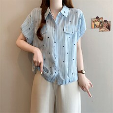 批发实拍~夏季大码女装短袖开衫条纹点<b class='q'>衬衣</b>女装上衣小衫