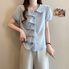 批发实拍~夏季大码韩版不规则设计甜美风女装短袖上衣棉麻