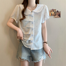 批发实拍~夏季大码韩版不规则设计甜美风女装短袖上衣棉麻