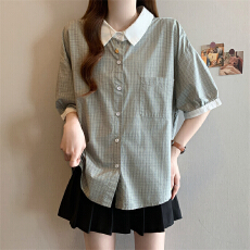 批发实拍~夏季大码宽松气质拼色格子开衫衬衣短袖女装上衣小衫