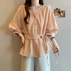 批发<b class='q'>实拍</b>～夏季新款韩版设计小众气质系腰带七分袖上衣<b class='q'>女装</b>小衫
