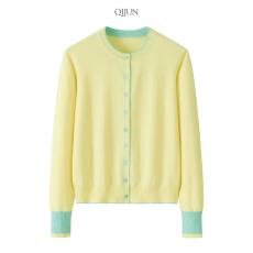 批发清新美好 100纯山<b class='q'>羊绒</b>开衫女撞色圆领多巴胺配色针织衫<b class='q'>毛衣</b>外套