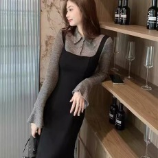 批发赫本风假两件黑色加绒<b class='q'>连衣裙</b>子女新款秋冬穿搭包臀韩系长裙