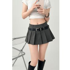 批发TR纬弹高腰洋气百搭送腰带百褶裙显瘦A字半身裙迷你短裙