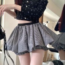 批发韩系甜美风撞色格子花苞<b class='q'>半身裙</b>女夏季时尚百搭松紧腰A字蓬蓬<b class='q'>短裙</b>