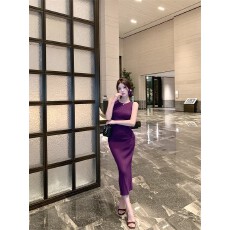 批发紫色<b class='q'>无袖</b>背心<b class='q'>连衣裙</b>女夏季鱼尾裙开叉收腰裙子轻熟风修身包臀长裙