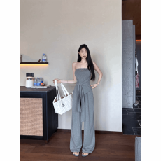 批发不规则绑带修身辣妹美背抹胸背心女夏季套<b class='q'>装</b>休闲阔腿<b class='q'>裤</b><b class='q'>灰色</b>两件套