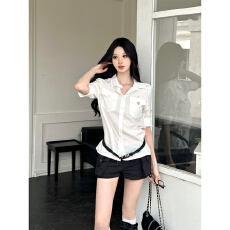 批发韩系白色polo领半袖<b class='q'>衬衫女</b>夏季五分袖宽松气质衬衣设计感百搭上衣