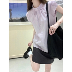 批发小飞袖立领<b class='q'>短袖</b>衬衫夏季新款女装设计感宽松显瘦紫色上衣衬衣