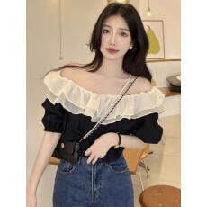 批发减龄甜美一字肩上衣女士衬衫2026夏季新款别致荷叶边泡泡<b class='q'>短袖</b>衬衣